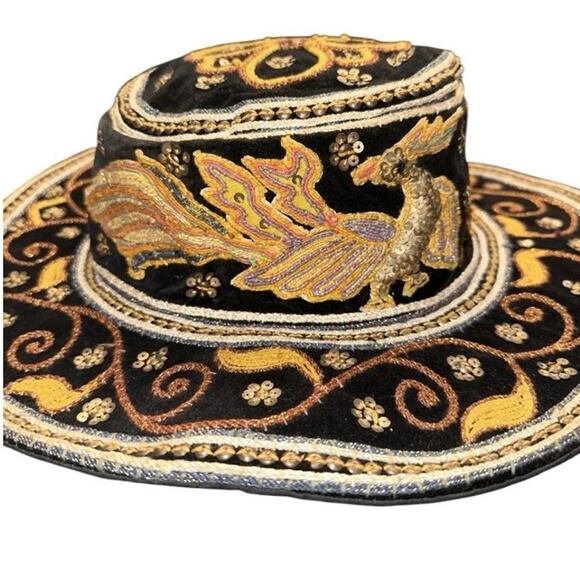 Vintage Myanmar Burmese Burma Kalaga floppy Hat Phoenix Sequins Embroidery. - Picture 3 of 12